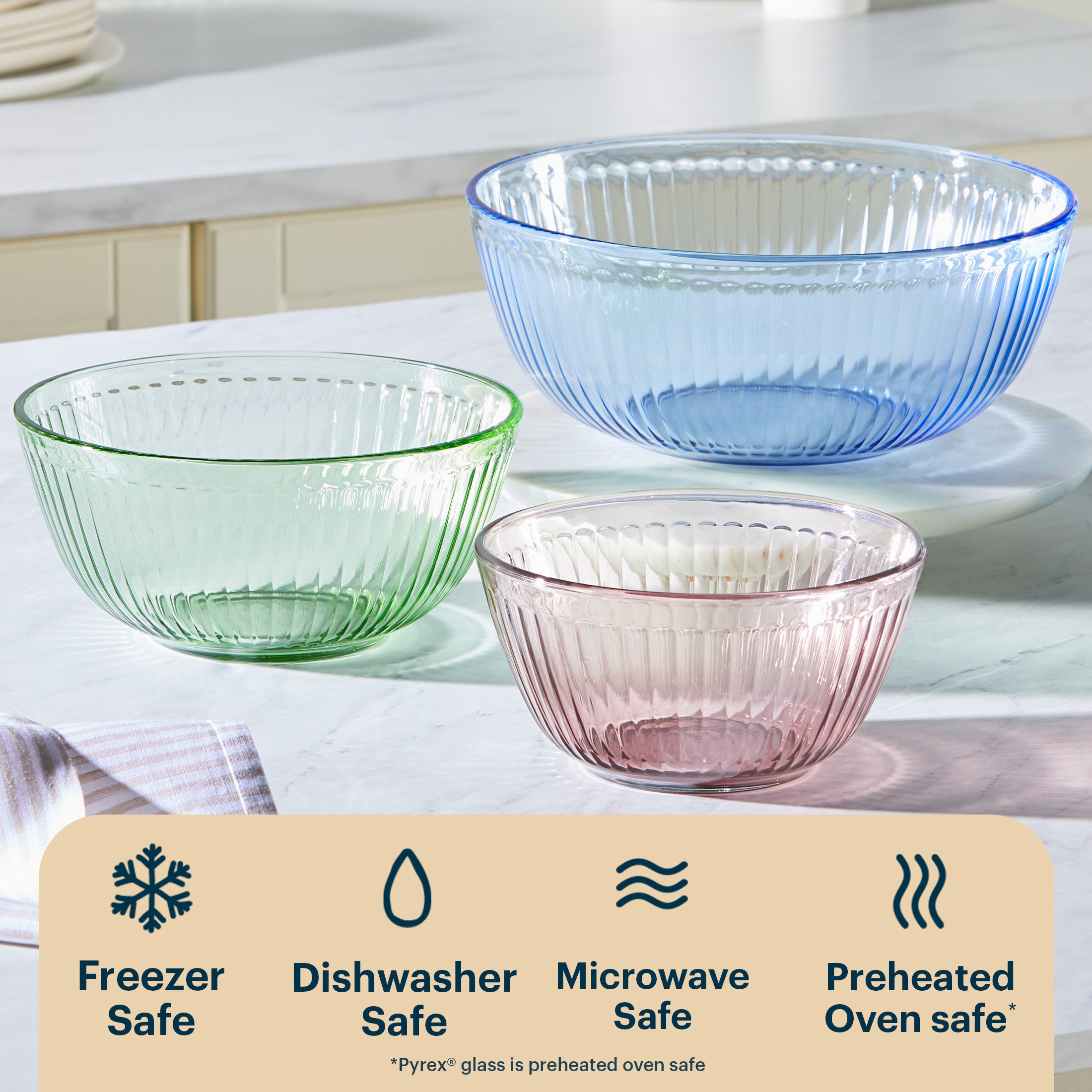 Pyrex? Colors Sculpted Tinted 3-piece Mixing Bowl Set. No Lid (Pink.Green.Blue) - Image 4