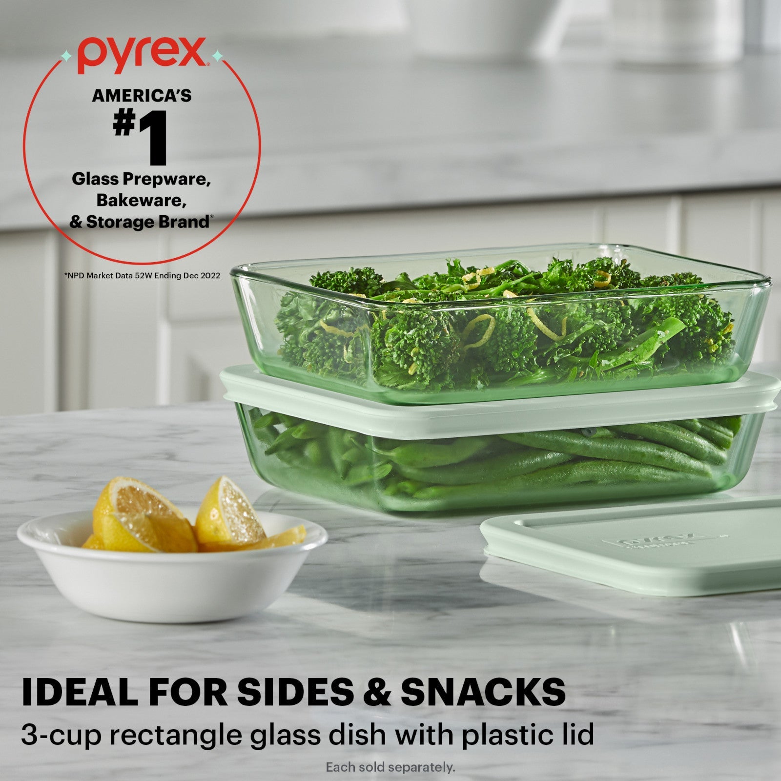 Pyrex® Simply Store® Tinted 3-cup Rectangle Storage with Green Plastic Lid - Image 2