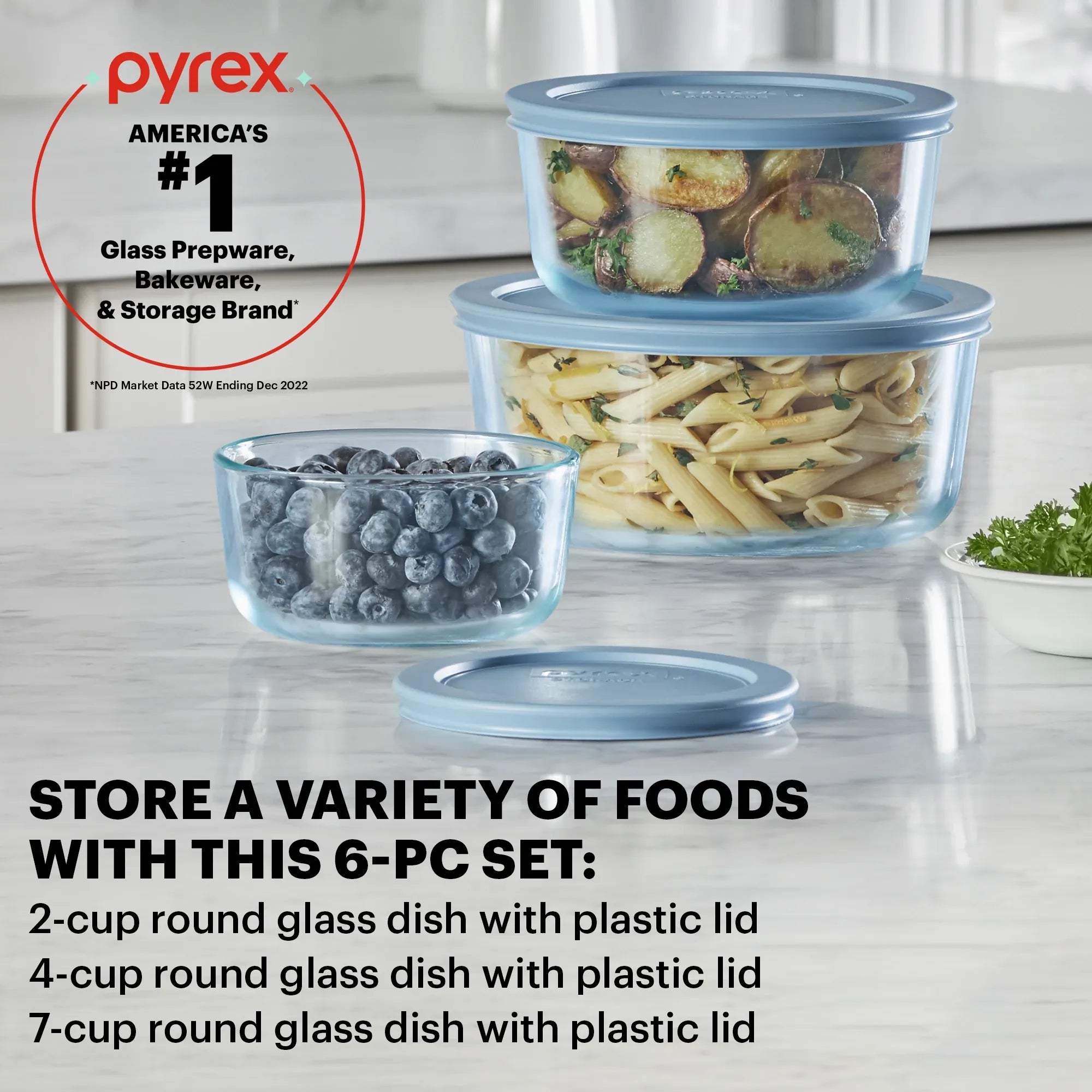 Pyrex® Simply Store® Tinted 6-piece Round Storage Set with Blue Plastic Lids - Image 2