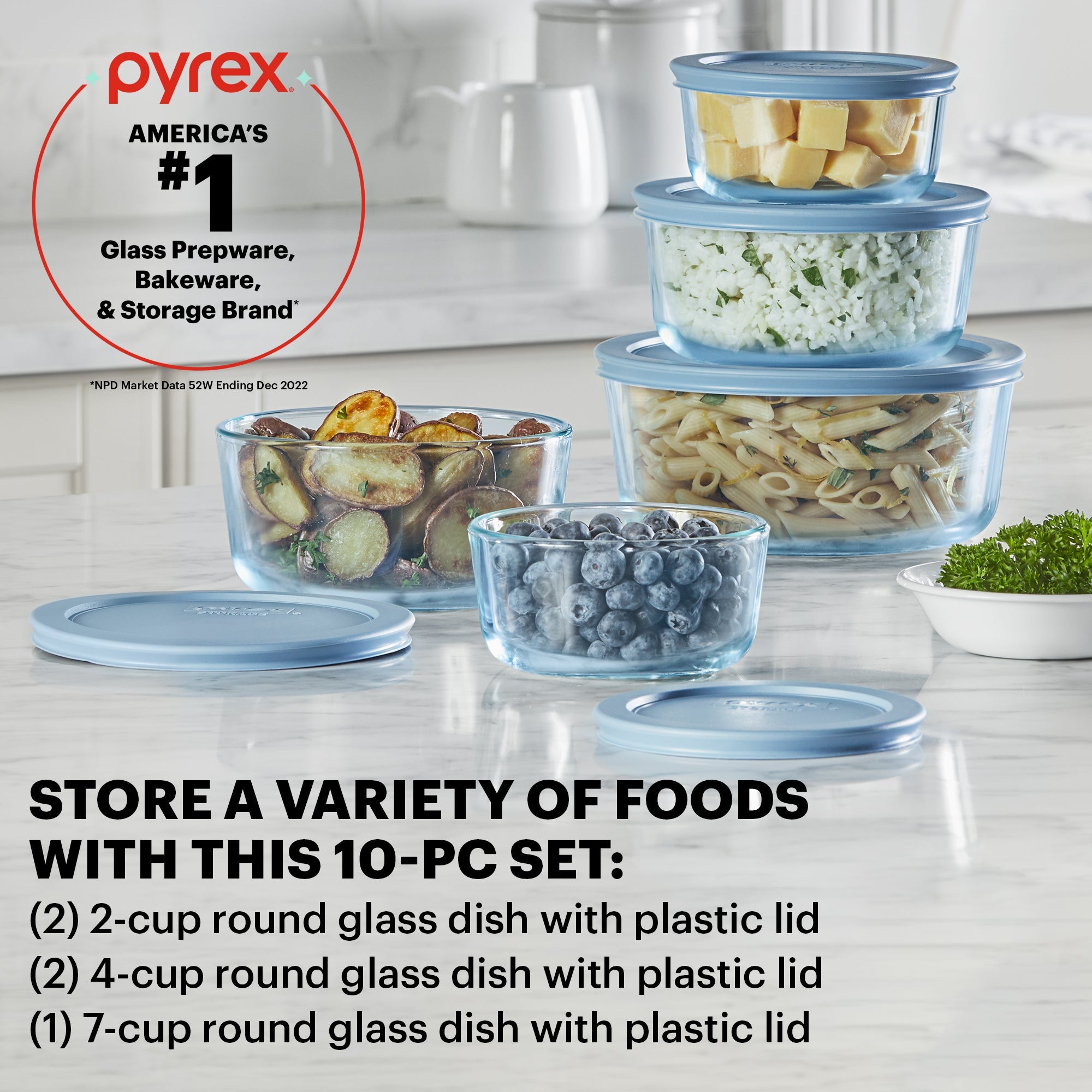 Pyrex® Simply Store® Tinted 10-piece Round Storage Set with Blue Plastic Lids - Image 2