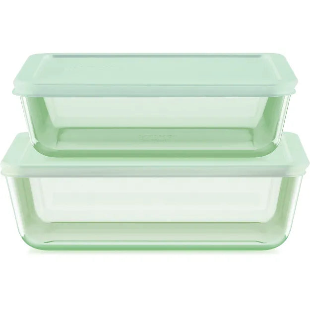 Pyrex? Simply Store? Tinted 4-piece Rectangle Storage Set with Green Plastic Lids