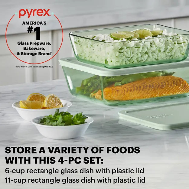 Pyrex? Simply Store? Tinted 4-piece Rectangle Storage Set with Green Plastic Lids - Image 2