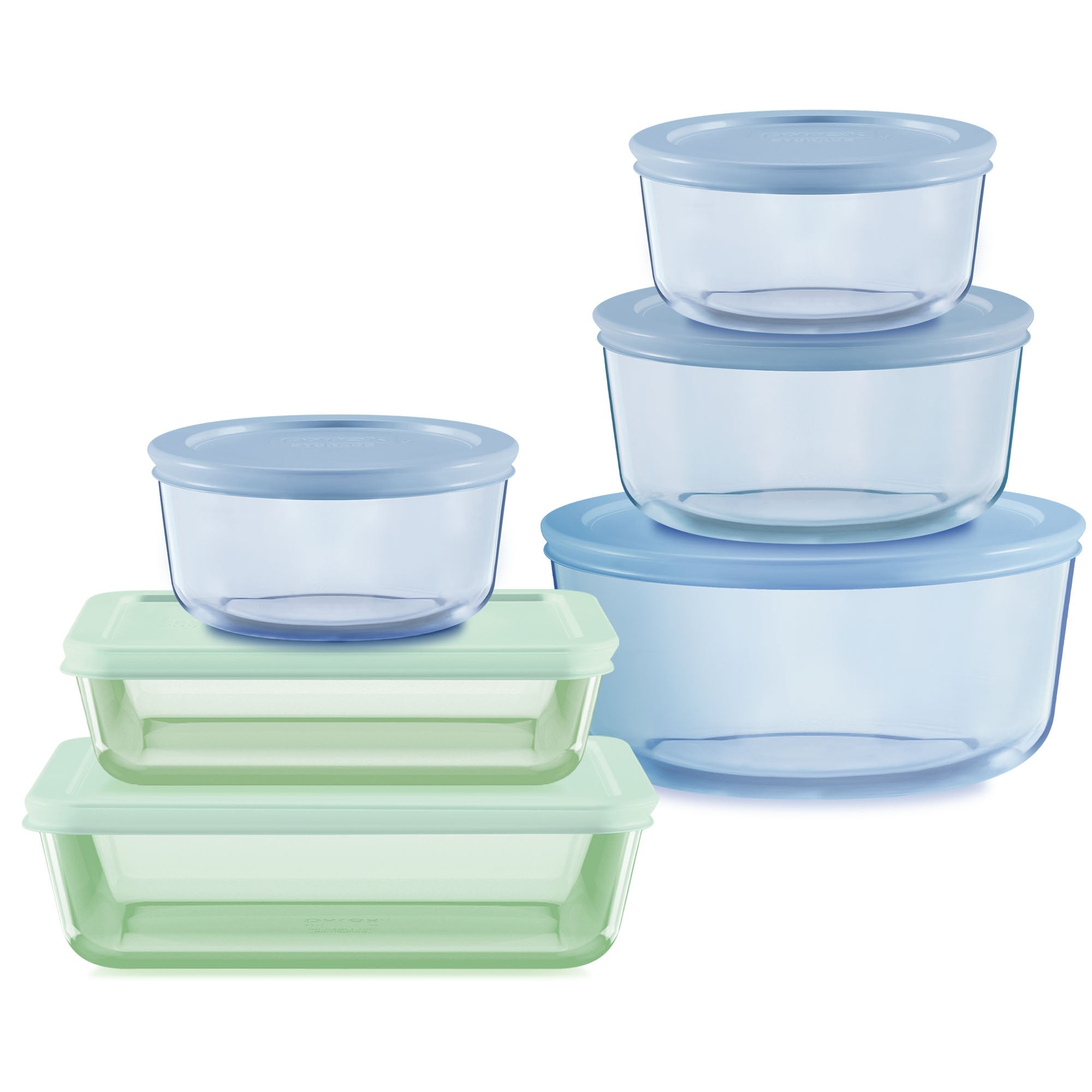 Pyrex? Simply Store? Tinted 12-piece Storage Set with Plastic Lids. Green and Blue