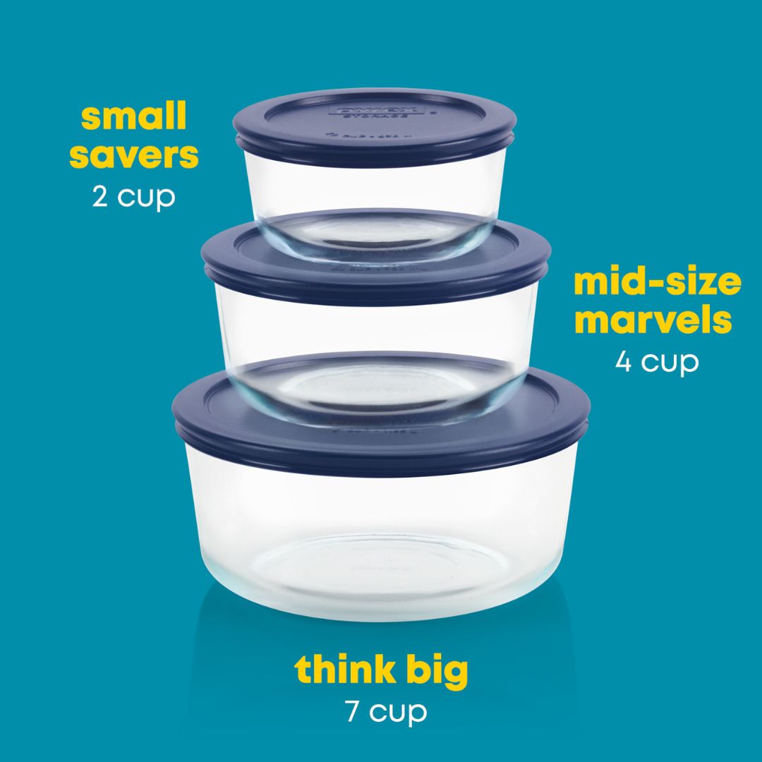 Pyrex? Simply Store? 6-piece Round Glass Food Storage Container Set with Blue Lids - Image 3